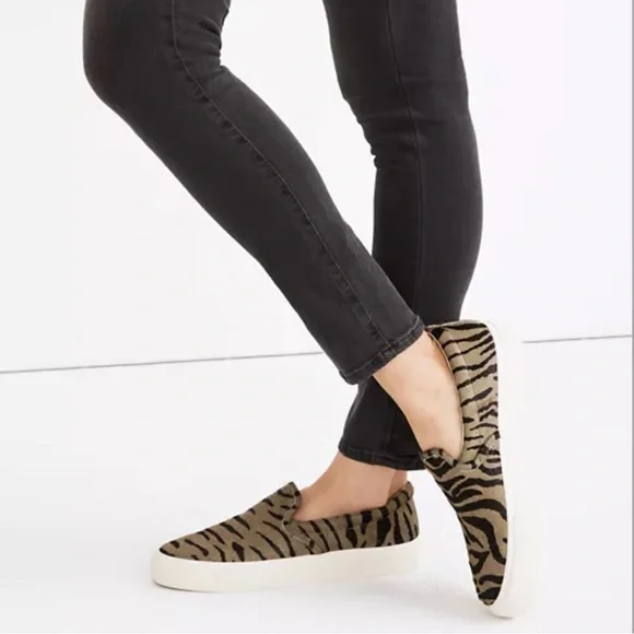 Madewell Sidewalk Slip On Sneakers in Zebra Calf Hair green black - Picture 2 of 12